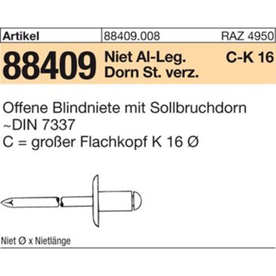 Produktbild von null - ART 88409 Blindniete Alu/St. verz. FLAKO K 16 4,8 x 8 S