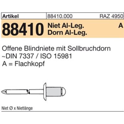 Produktbild von null - Blindniete ART 88410 Alu/Alu Dorn FLAKO 3,2 x 6,1 S