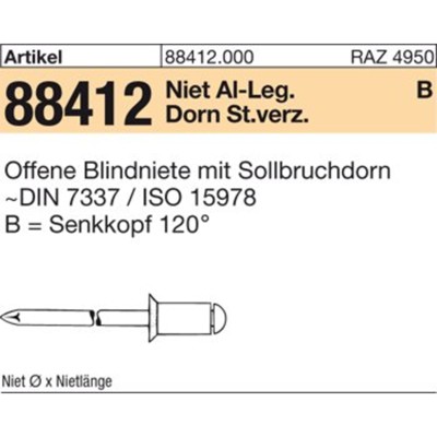 Produktbild von null - Blindniete ART 88412 Alu/Stahl verzinkt SEKO B 3 x 8 S