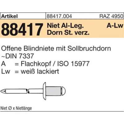 Produktbild von NOBRAND - Blindniete ART 88417 4 x 8 Alu Lack. weiß/St. verzinkt S