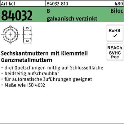 Produktbild von NOBRAND - Sechskantmuttern ART 84032 Biloc Kl. 8 M 5 galv. verzinkt gal Zn S