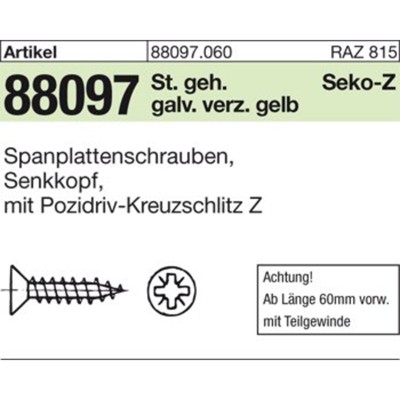 Produktbild von NOBRAND - Spanplattenschrauben 89097 Senkkopf CE Stahl 4 x 55/33 -Z gal ZnC gal