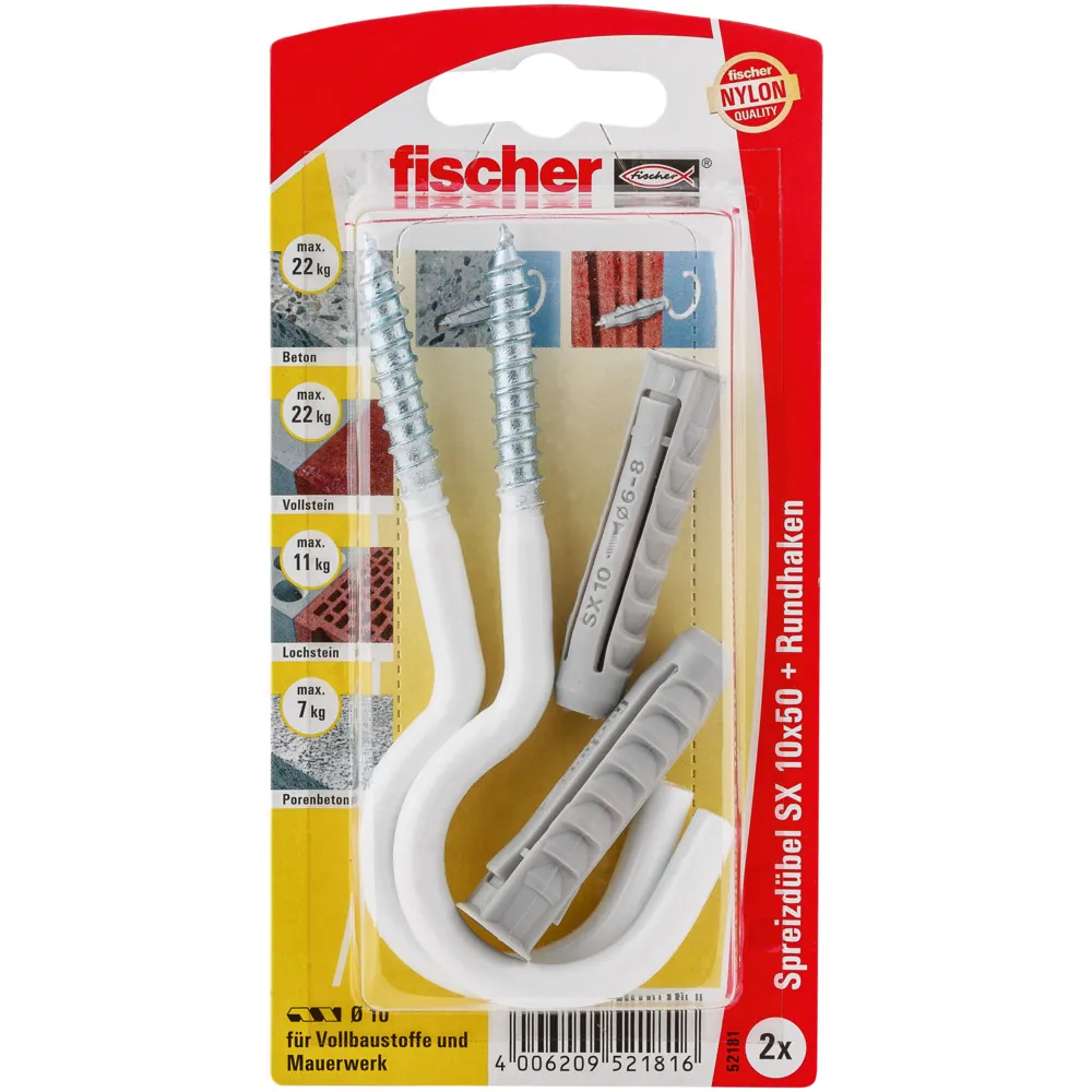 fischer Nylondübel SX mit nylonbeschichtetem Rundhaken SX 10x50 HN K SB-Karte Produktbild img2 L