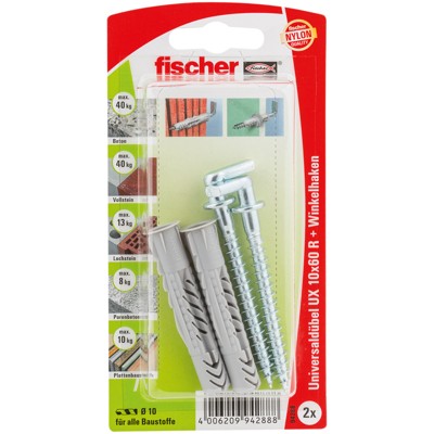 Produktbild von fischer - Universal-Nylondübel UX mit Winkelhaken, verzinkt 10x60 WH K