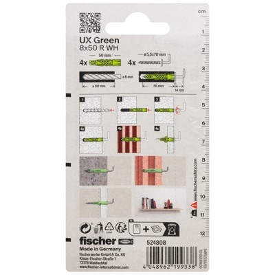 Produktbild von fischer - Universal-Nylondübel UX GREEN-WH, mit Winkelhaken, verzinkt 8x50 R WH