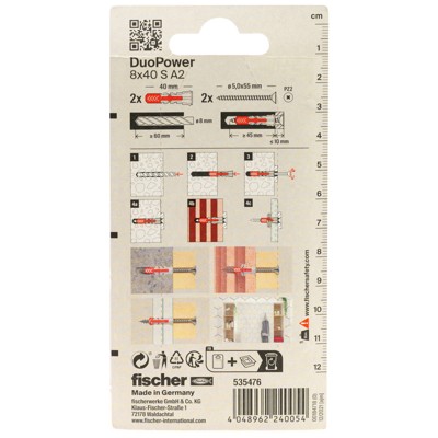 Produktbild von fischer - Spreizdübel DUOPOWER S mit Schraube Edelstahl A2 8x40 S A2 K (2)
