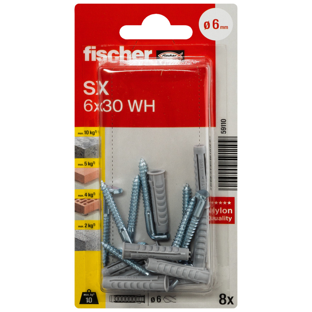 fischer Nylondübel SX mit verzinktem Winkelhaken SX 6x30 H K SB-Karte Produktbild img2 L