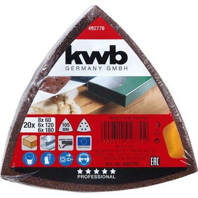 Produktbild von kwb - Haft-Schleifdreiecke, HOLZ & METALL, 105mm, 20 Stück sortiert