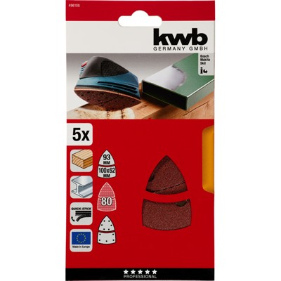 Produktbild von kwb - Haft-Schleifdreiecke, HOLZ & METALL, Edelkorund, 100 x 62, 93mm, K 80