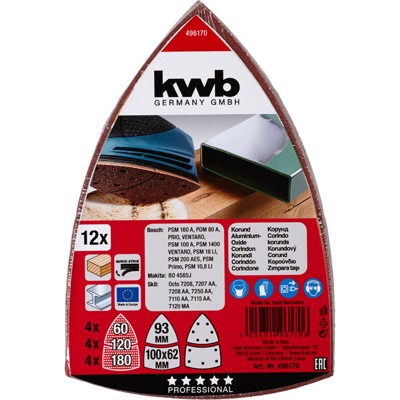 Produktbild von kwb - Haft-Schleifdreiecke, HOLZ & METALL, 100 x 62, 93mm, 12 Stück sortiert