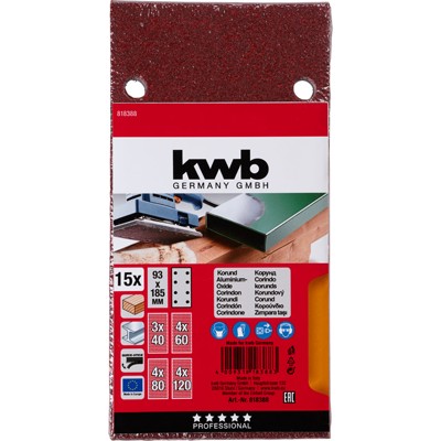 Produktbild von kwb - Haft-Schleifstreifen, HOLZ & METALL, Edelkorund, 93 x 185mm, 15 Stück sor